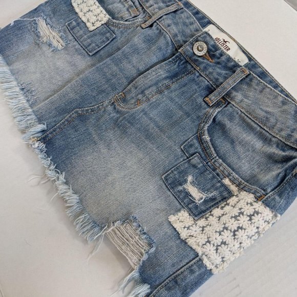 Hollister Skirt Women Size 26 Denim Mini Distressed Daisy Flower Lace Small - Picture 3 of 7